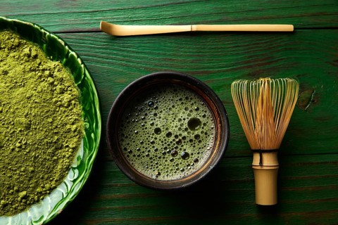 Matcha tea powder bamboo whisk chasen and spoon for japanese ceremony