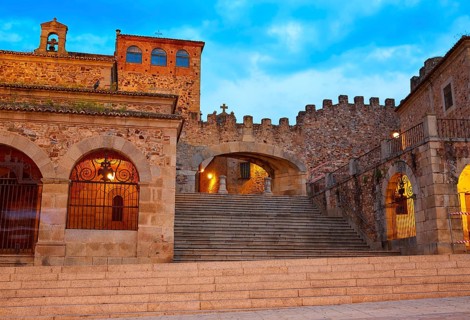Caceres Plaza Mayor square at sunset in Extremadura of Spain