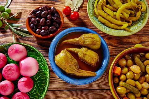 Tapas pickles mix olives chili onion eggplant from Spain