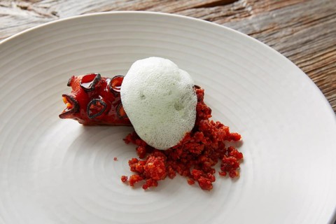 Grilled octopus with parsley air foam served with crunchy chorizo sausage