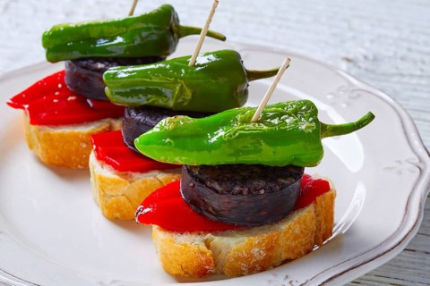 Pinchos Burgos morcilla with padron pepper tapas pintxos from Spain food