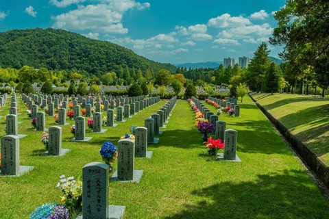Daejeon, South Korea, September 19, 2019: Rows of numbered headstones at national cemetery with