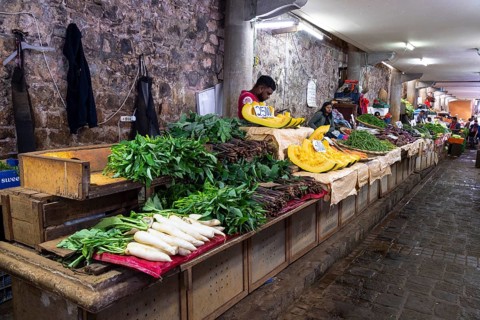 Fruit and vegetable market, market hall, old town, Port Louis, Mauritius, Africa