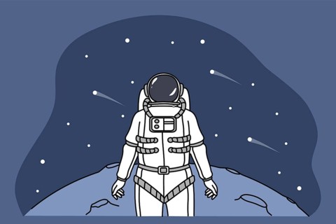 Astronaut in spacesuit explore planet in universe look in space full of stars. Cosmonaut or