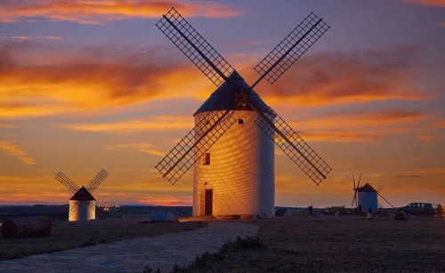 Mota del Cuervo windmills in Cuenca at Castile la Mancha of spain