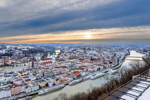 View of Passau in Bavaria at sunset on a winter evening