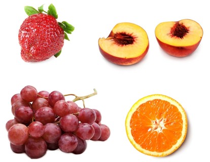 Collage from fresh ripe fruit grape, peach, strawberries and orange on white background. Picture is