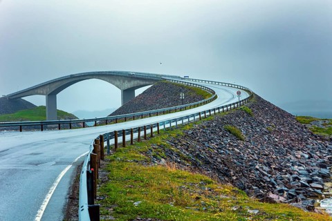 Scenic bridge over the ocean. Atlantic Road: the most beautiful road in the world. Cold and stormy