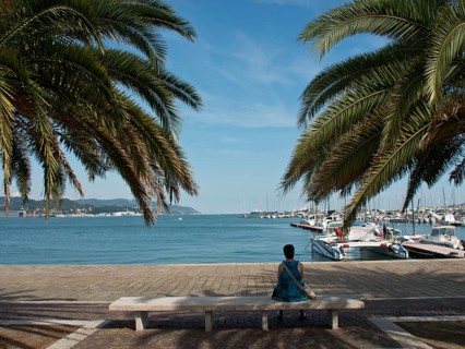 Woman sitting on a bench under palm trees while looking at the sea and the harbour with boats, La