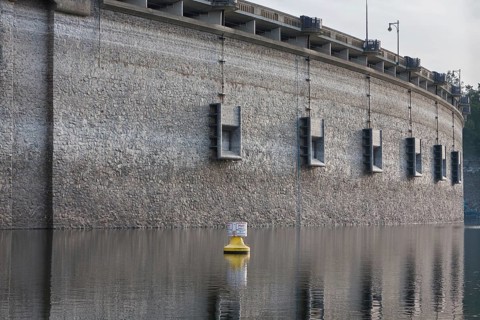 Edersee at low water level and a yellow buoy, Edertalsperre with medium drains