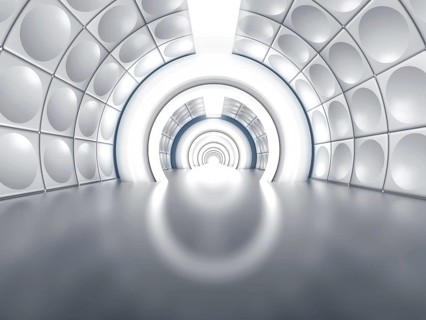Futuristic tunnel like spaceship corridor with glowing lights