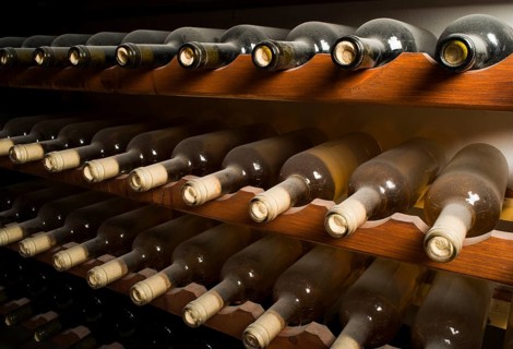 Wine bottles on shelf. Wine cellar. Close up wine bottles