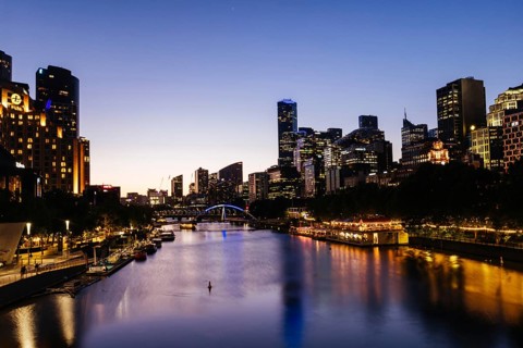 MELBOURNE, AUSTRALIA - OCTOBER 10, 2024: Melbourne skyline from Princes Bridge in Southbank along