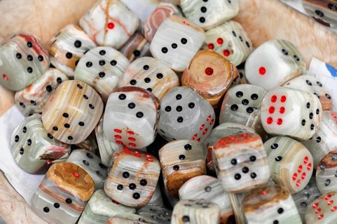 Variety of onyx dice with red and black dots, trip to Aphrodisias, Turkey, Asia