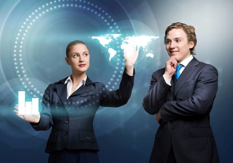 Young businessman and businesswoman working in cooperation with virtual panel