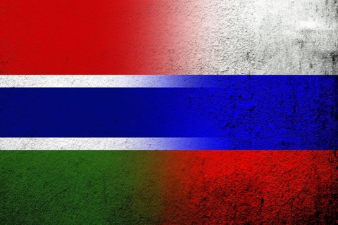 National flag of Russian Federation with The Republic of The Gambia National flag. Grunge