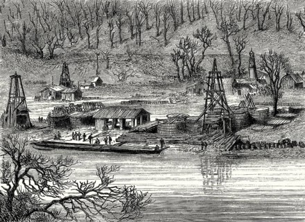 Early oil field exploitation in Pennsylvania, around 1862