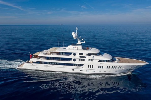 Aerial view 74 metre motor yacht AURORA, delivered in 2017 by the German shipyard Lürssen Yachts,