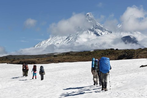 Hiking on Kamchatka Peninsula: hiker goes in mountain on background of Klyuchevskaya group of