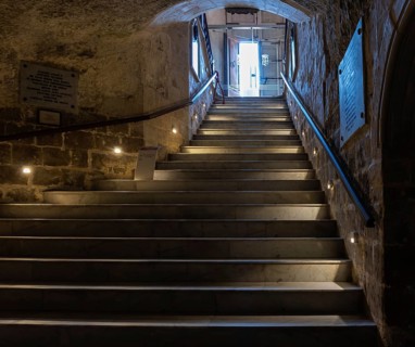 Rabat, Malta, 01 07 2022: Low angle view over the cellar staircase at the Saint Paul Grotto, Europe