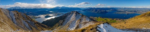 Panorama of Lake Wanaka and Roys Peak in winter, South Island, New Zealand, Oceania