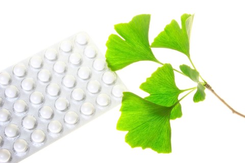 Ginkgo leaves with coated tablets for oral use (symbolic) Leaves of the ginkgo tree and coated