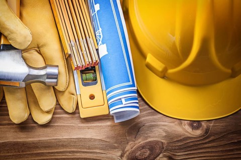 Engineering drawing building helmet safety gloves claw hammer wooden meter construction level