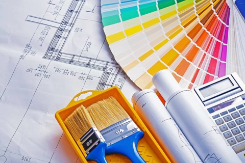 Set of painting tools paint brushes in tray rolls blueprints color palette calculator