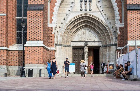 Uppsala, Uppland, Sweden, 07 27 2019 Entrance of the cathedral with a wedding, Europe