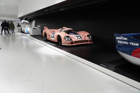 A pink Porsche 917 with a pig design on display in the museum, Neues Porschemuseum 2009, Stuttgart,