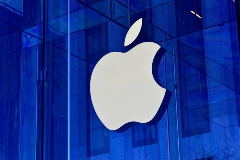 Manhattan, New York City, New York, USA, North America, Large Apple logo on a modern glass building