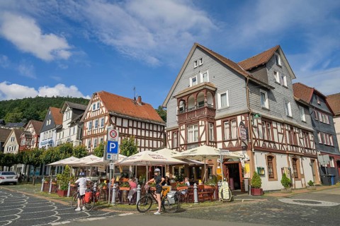 Houses on the market square, Old Town, Biedenkopf, Hesse, Germany, Europe