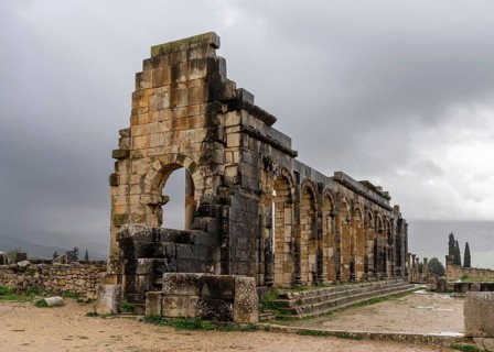 Volubilis, Morocco, 3 March, 2024: view of the temple ruins in the Berber-Roman city of Volubilis