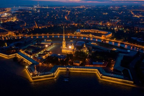 Aerial night view of Peter and Paul Fortress with cityscape, Saint-Petersburg, Russia, Europe