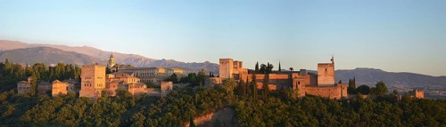 View of the Alhambra complex in Granada, Spain, at dusk, Europe