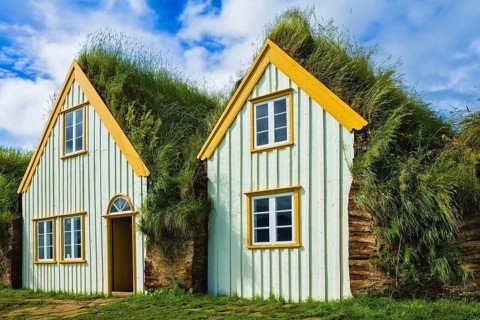 The recreated village - museum of first settlers in Iceland. Village of ancestors. Houses are