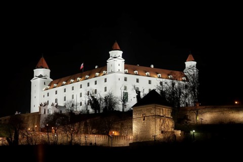 Stary hrad castle in Bratislava at night with illumination