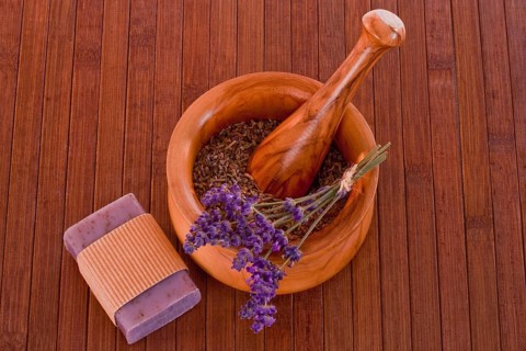 Bar of lavender soap with mortar and pestle Bar of lavender soap with mortar and pestle
