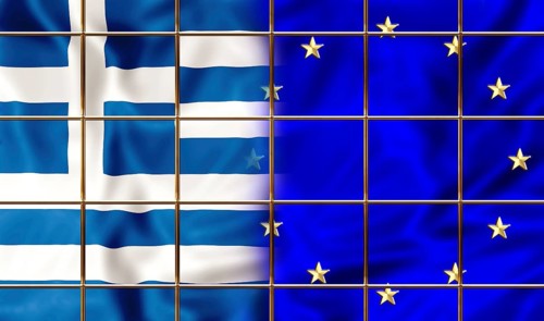 Greece flag encaged in Europe. Financial concept for failure, debit, bankruptcy, financial