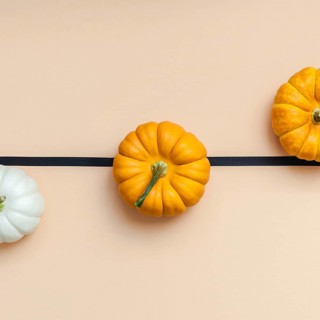 Creative Top view flat lay autumn composition. Frame concept pumpkins color paper background copy