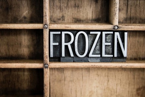 The word FROZEN written in vintage metal letterpress type in a wooden drawer with dividers