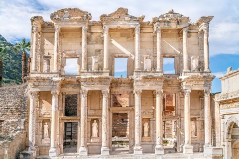 Celsus Library in Ephesus in Selcuk (Izmir), Turkey. Marble statue is Sophia, Goddess of Wisdom, at