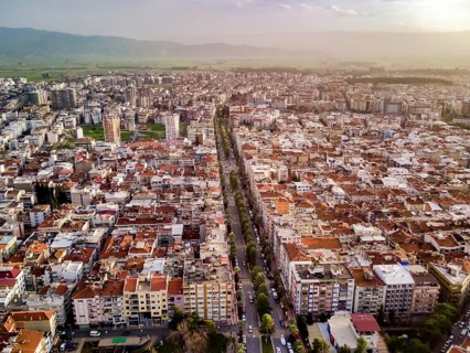 Aerial photograph of the capital of Aydin province - Aydin city from high point of drone fly in