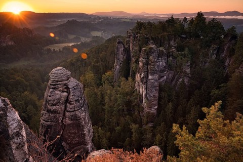 Sunrise, rocks, mountains, forest, Bastei, Ferdinandstein, Saxon Switzerland, Germany, Europe