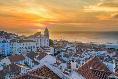 Lisbon Portugal sunrise city skyline at Lisbon Alfama district