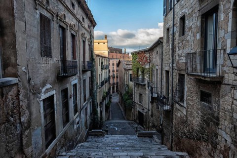 Old Town (Barri Vell) historic architecture in city of Girona in Catalonia, Spain, buildings along
