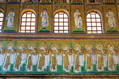 Mosaics on the side of the nave in Basilica of Sant Apollinare Nuovo, Ravenna, Italy, Europe