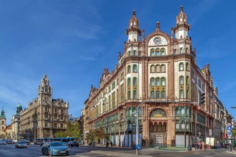Building of Parisi Udvar Hotel in Budapest downtown, Hungary, Europe