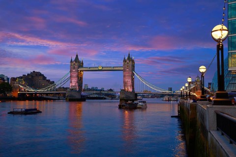 London Tower Bridge sunset on Thames river in England
