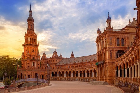 Seville Sevilla Plaza de Espana at sunset in Andalusia Spain square